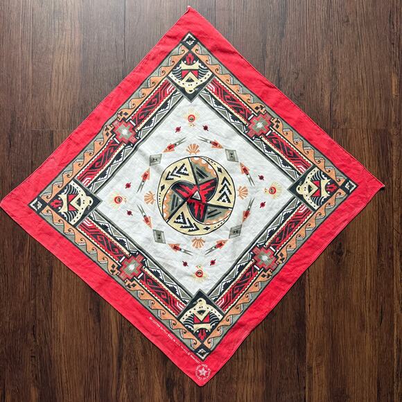 Vintage Southwestern Bandana Red Border Cotton USA 21" - Picture 1 of 5